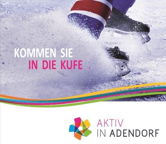 Nahaufnahme von Schlittschuhen und Text: Kommen Sie in die Kufe
